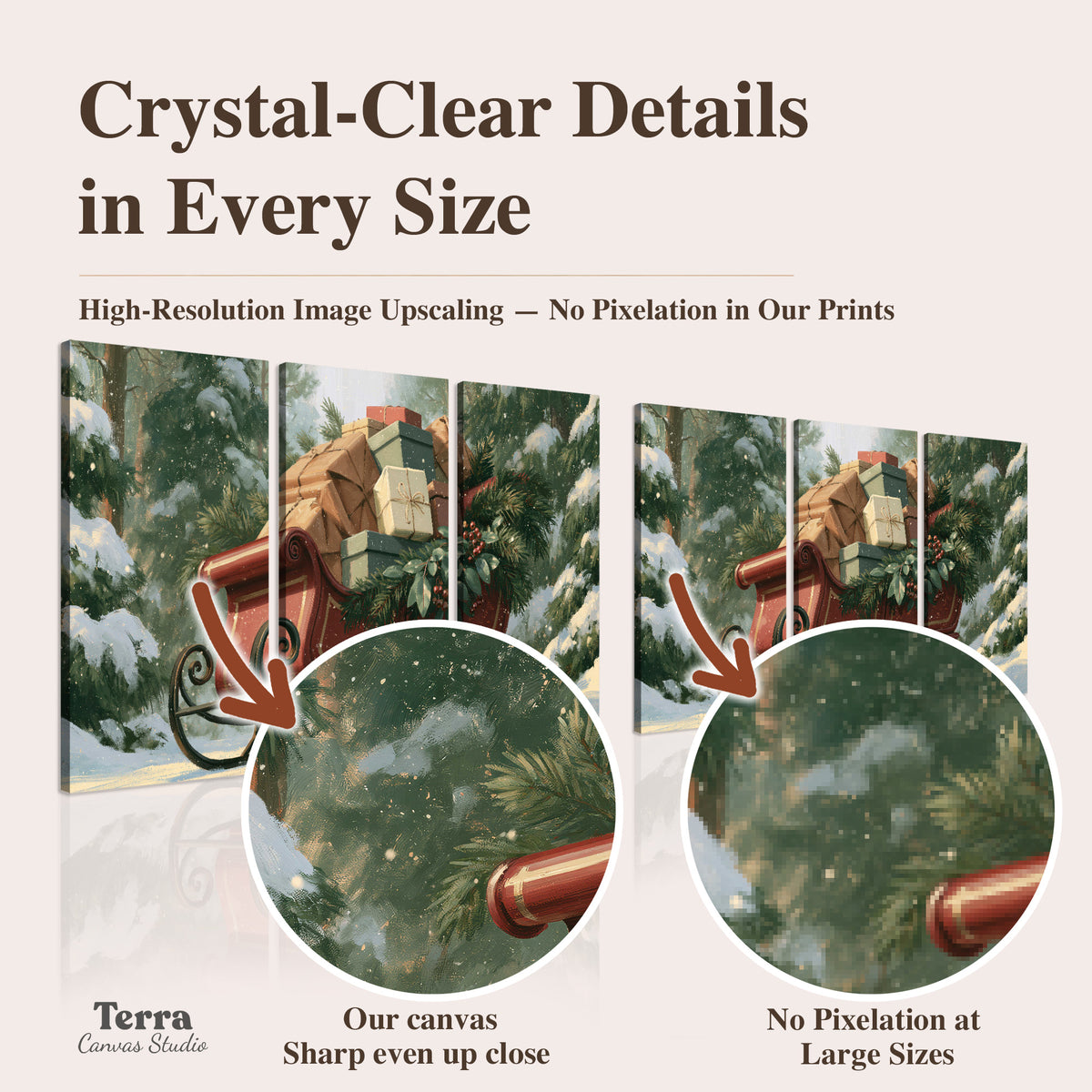 A red sleigh stacked with warm neutral gifts beneath snow-covered evergreen branches artwork quality information