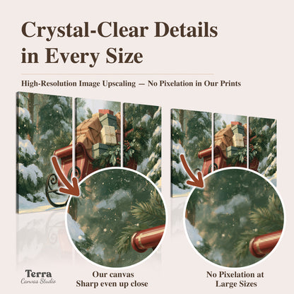 A red sleigh stacked with warm neutral gifts beneath snow-covered evergreen branches artwork quality information