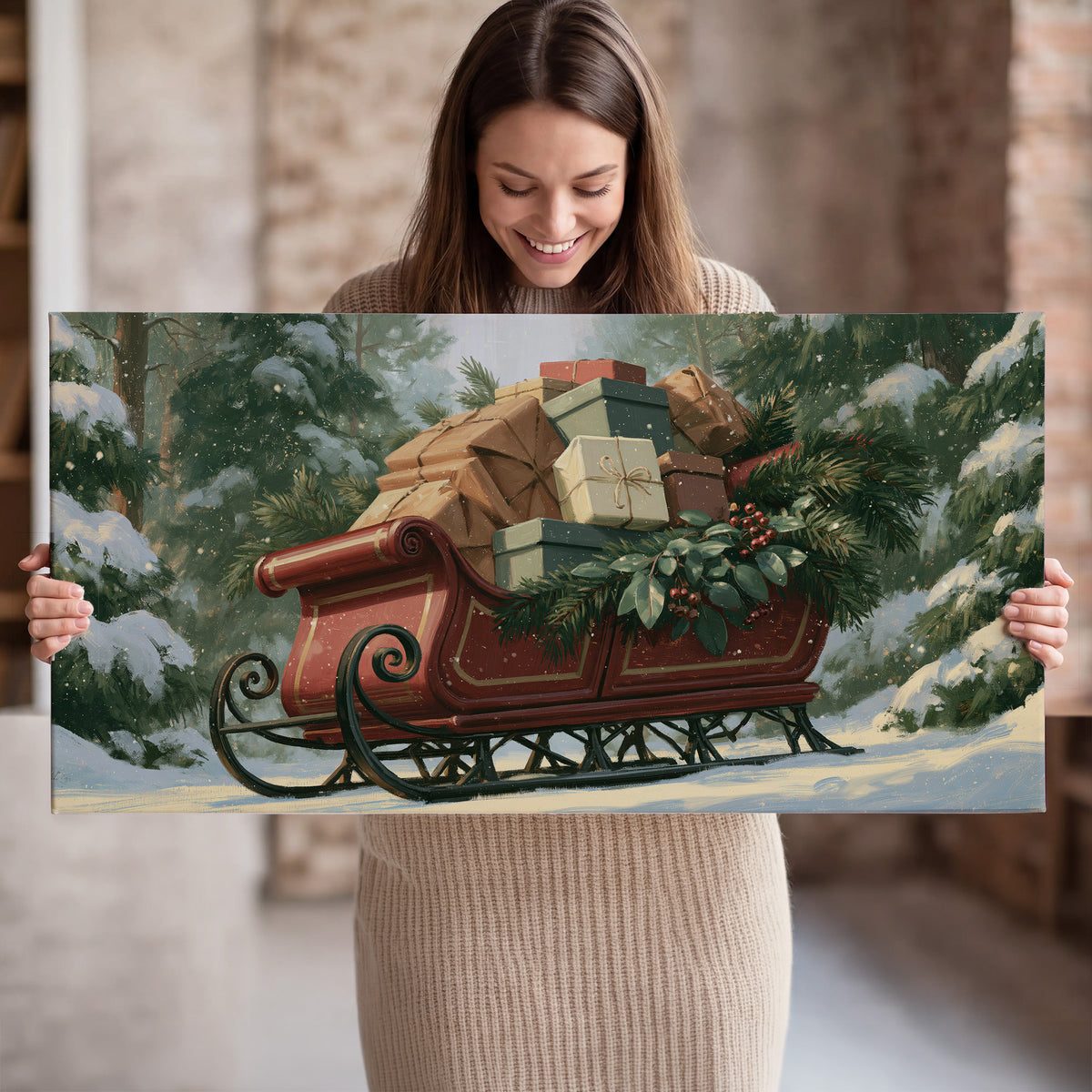 A red sleigh stacked with warm neutral gifts beneath snow-covered evergreen branches single canvas wall art held in hands