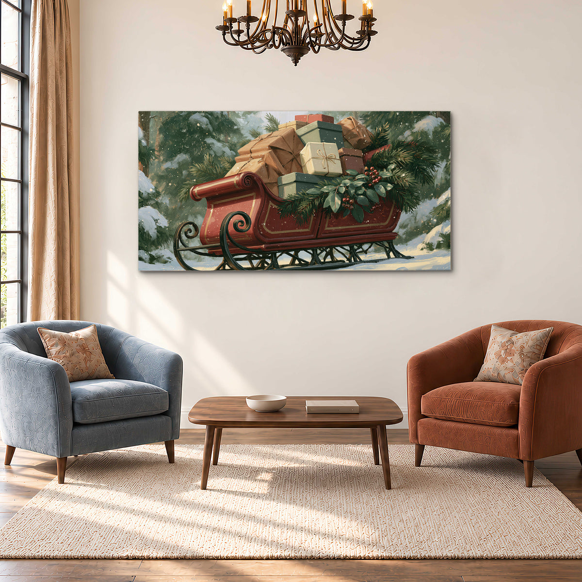 A red sleigh stacked with warm neutral gifts beneath snow-covered evergreen branches single canvas wall art styled in an interior