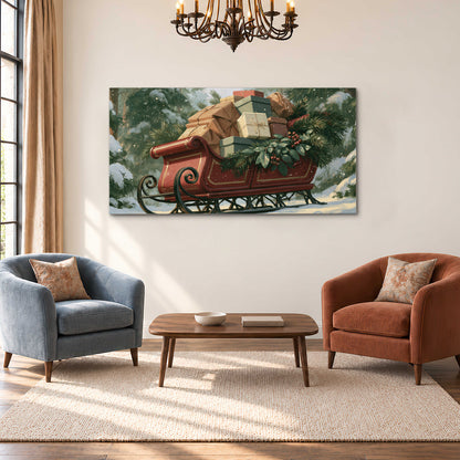 A red sleigh stacked with warm neutral gifts beneath snow-covered evergreen branches single canvas wall art styled in an interior