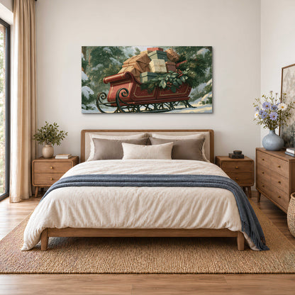 A red sleigh stacked with warm neutral gifts beneath snow-covered evergreen branches single canvas wall art styled in an interior