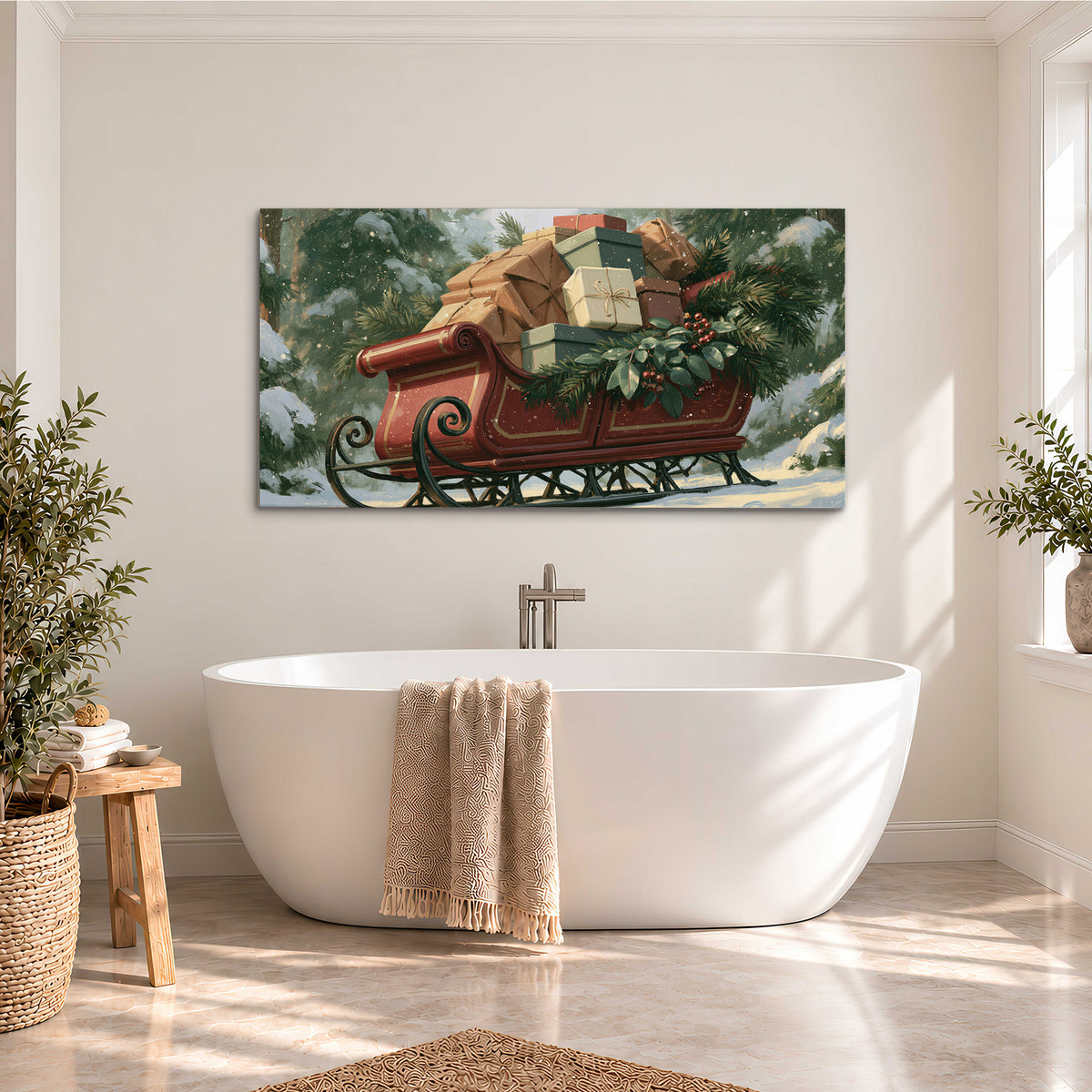 A red sleigh stacked with warm neutral gifts beneath snow-covered evergreen branches single canvas wall art styled in an interior
