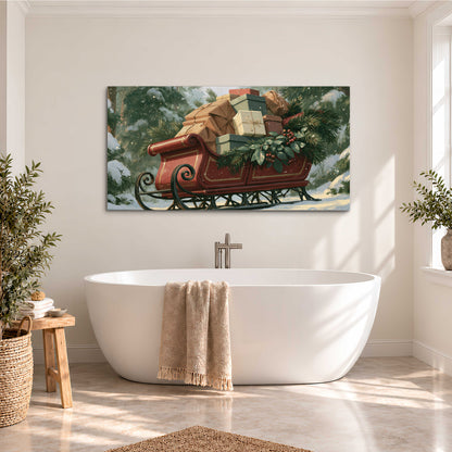 A red sleigh stacked with warm neutral gifts beneath snow-covered evergreen branches single canvas wall art styled in an interior