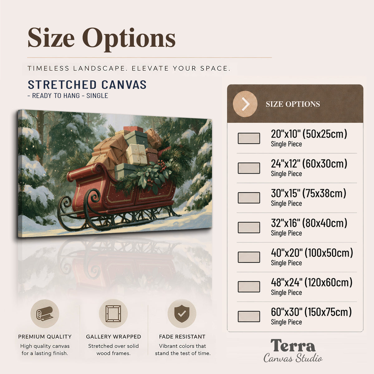 A red sleigh stacked with warm neutral gifts beneath snow-covered evergreen branches single canvas wall art available dimensions
