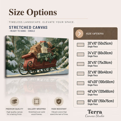 A red sleigh stacked with warm neutral gifts beneath snow-covered evergreen branches single canvas wall art available dimensions