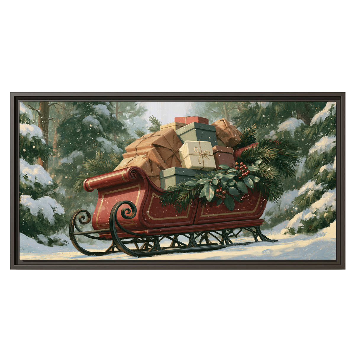 A red sleigh stacked with warm neutral gifts beneath snow-covered evergreen branches single framed canvas wall art viewed straight on