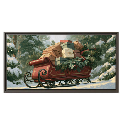 A red sleigh stacked with warm neutral gifts beneath snow-covered evergreen branches single framed canvas wall art viewed straight on