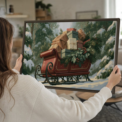 A red sleigh stacked with warm neutral gifts beneath snow-covered evergreen branches single framed canvas wall art held in hands