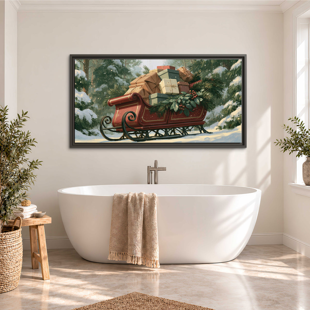A red sleigh stacked with warm neutral gifts beneath snow-covered evergreen branches single framed canvas wall art styled in an interior