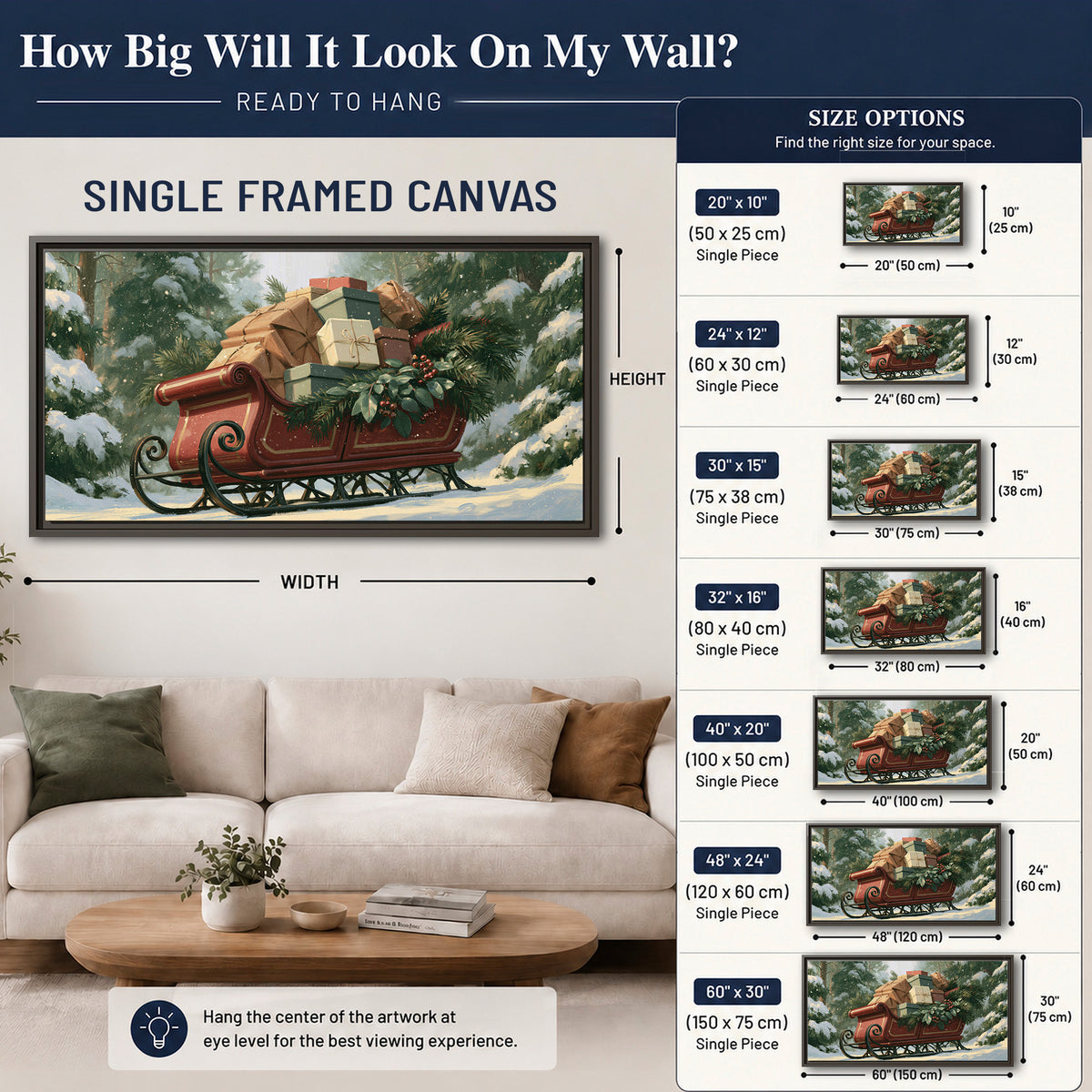 A red sleigh stacked with warm neutral gifts beneath snow-covered evergreen branches single framed canvas wall art size guide above a sofa; room view is illustrative