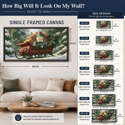 A red sleigh stacked with warm neutral gifts beneath snow-covered evergreen branches single framed canvas wall art size guide above a sofa; room view is illustrative