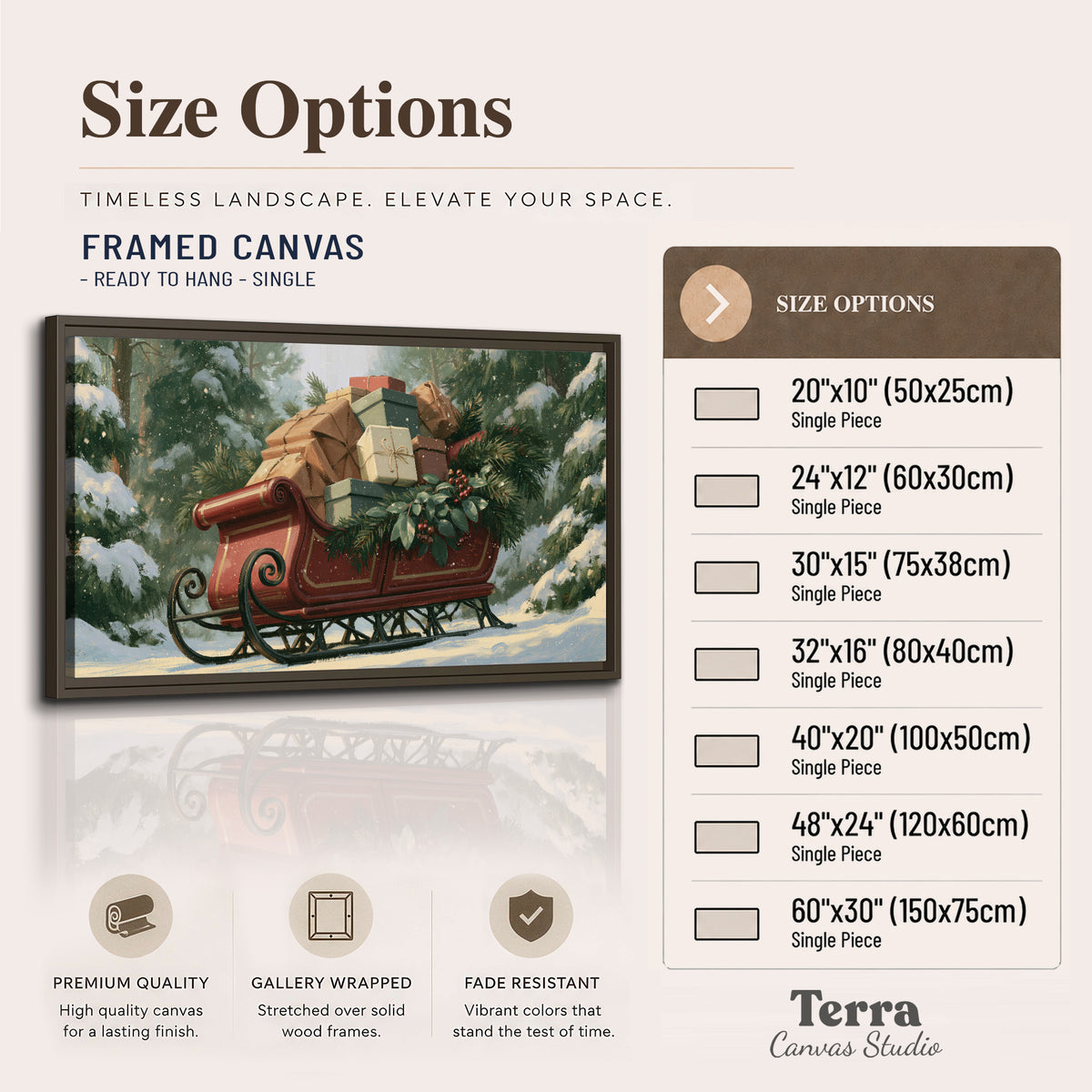 A red sleigh stacked with warm neutral gifts beneath snow-covered evergreen branches single framed canvas wall art available dimensions