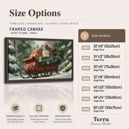 A red sleigh stacked with warm neutral gifts beneath snow-covered evergreen branches single framed canvas wall art available dimensions