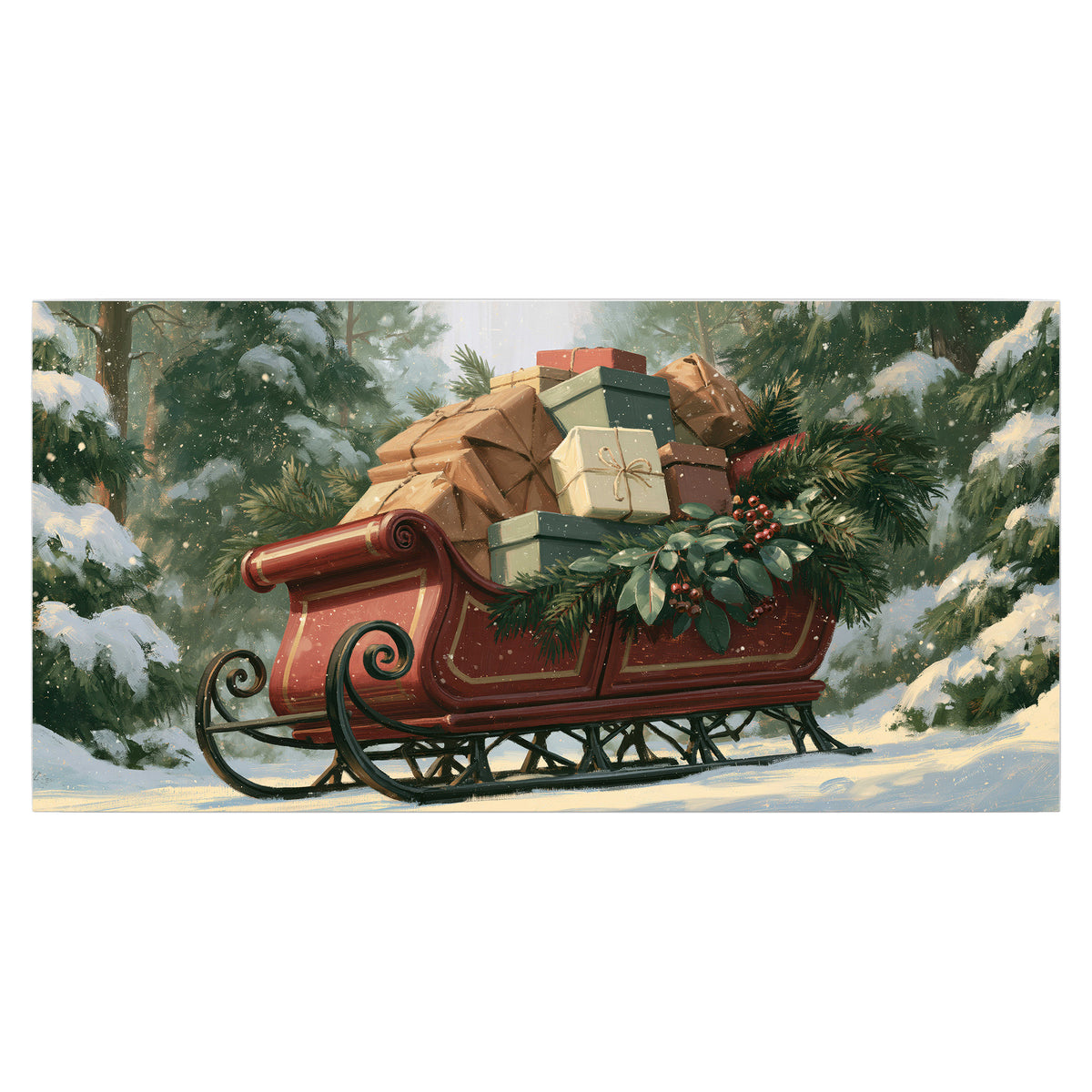 A red sleigh stacked with warm neutral gifts beneath snow-covered evergreen branches single poster print viewed straight on