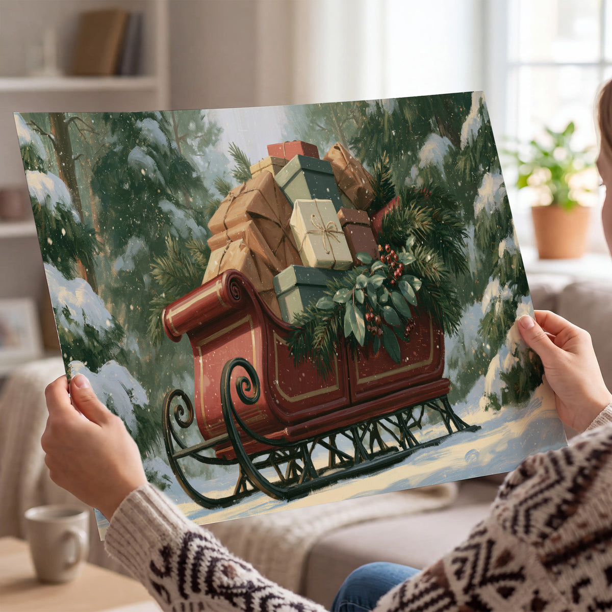 A red sleigh stacked with warm neutral gifts beneath snow-covered evergreen branches single poster print held in hands