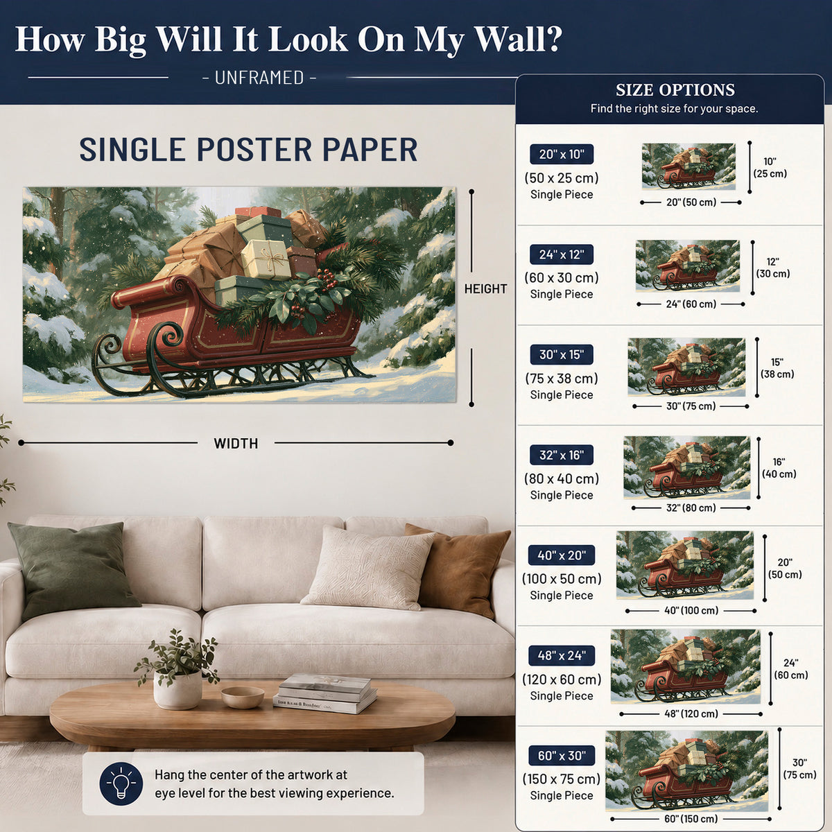A red sleigh stacked with warm neutral gifts beneath snow-covered evergreen branches single poster print size guide above a sofa; room view is illustrative