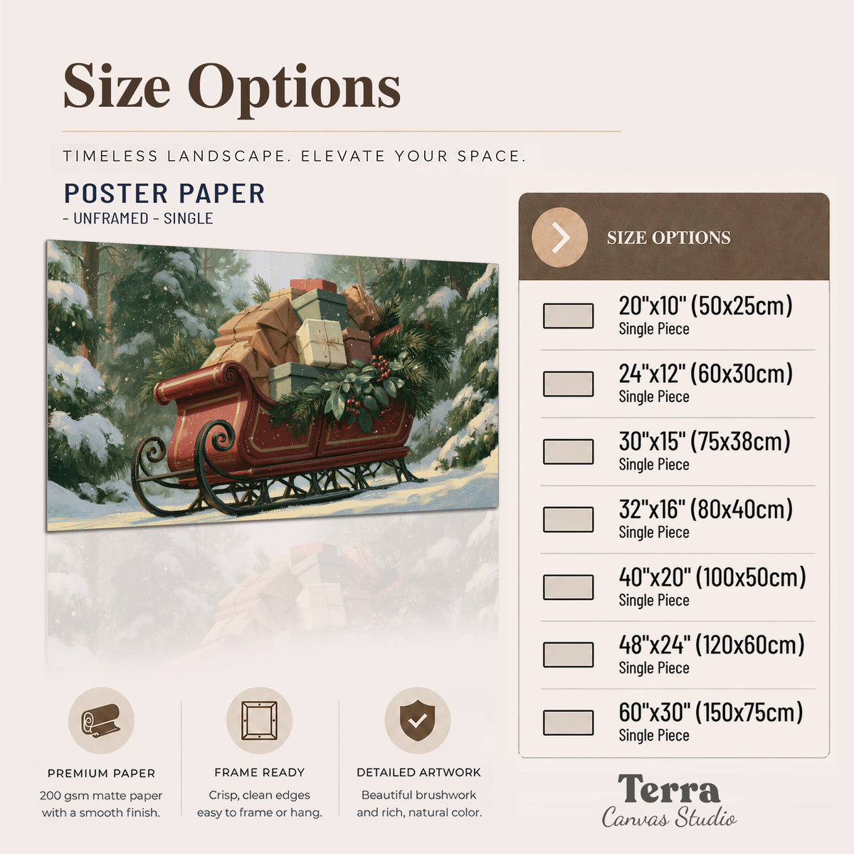A red sleigh stacked with warm neutral gifts beneath snow-covered evergreen branches single poster print available dimensions