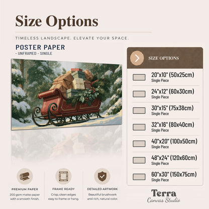 A red sleigh stacked with warm neutral gifts beneath snow-covered evergreen branches single poster print available dimensions