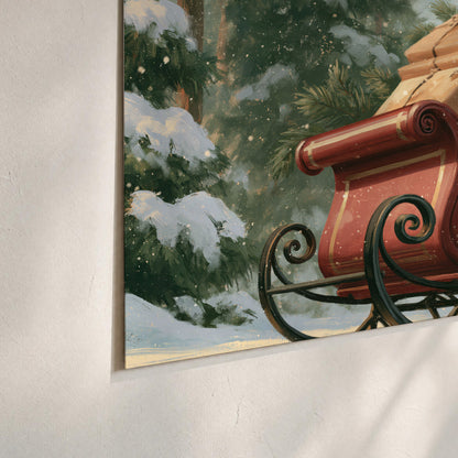 A red sleigh stacked with warm neutral gifts beneath snow-covered evergreen branches set of 3 poster prints material and edge close up
