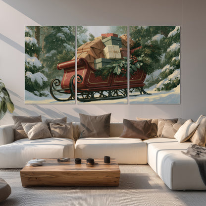 A red sleigh stacked with warm neutral gifts beneath snow-covered evergreen branches set of 3 poster prints displayed in a living room