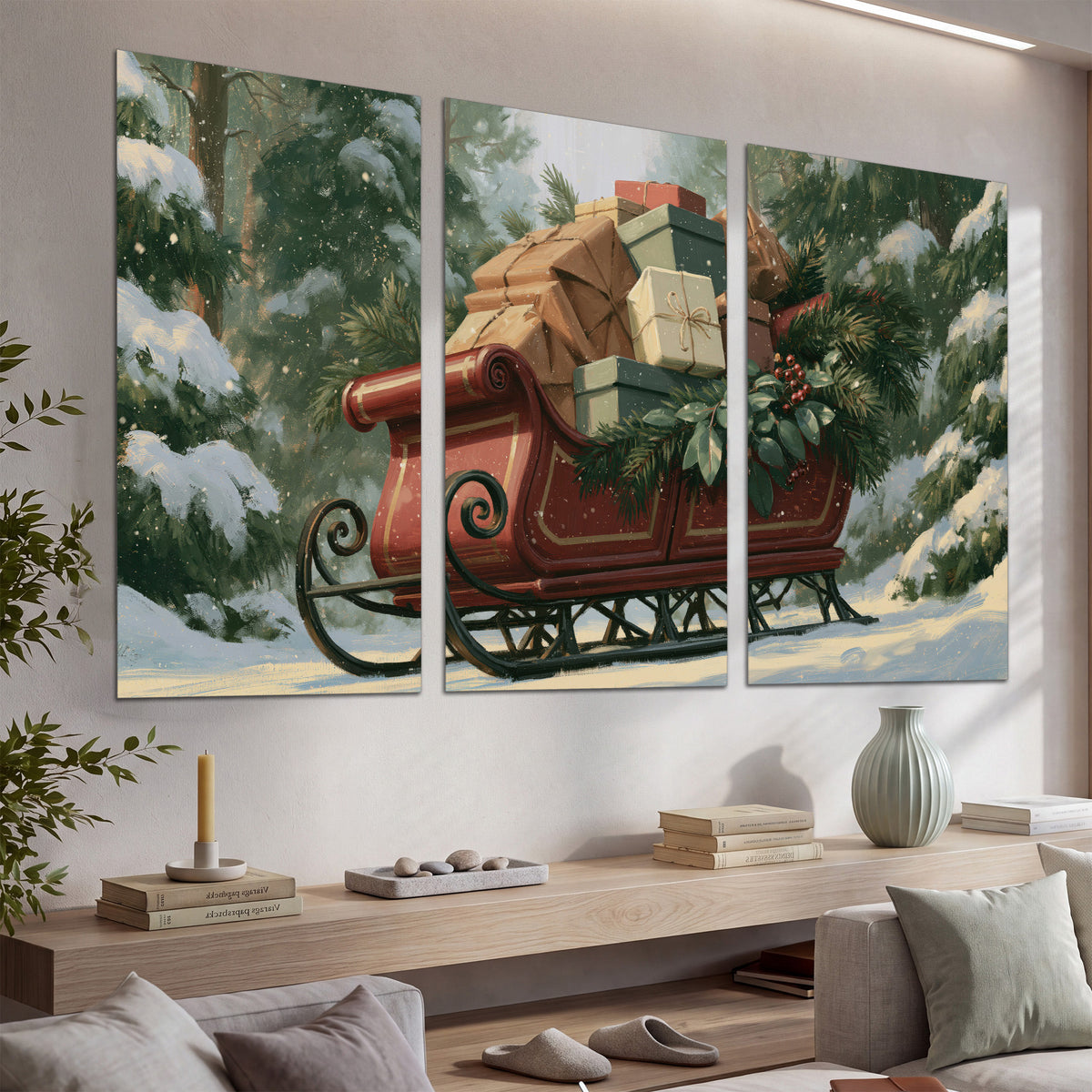 A red sleigh stacked with warm neutral gifts beneath snow-covered evergreen branches set of 3 poster prints displayed in a console