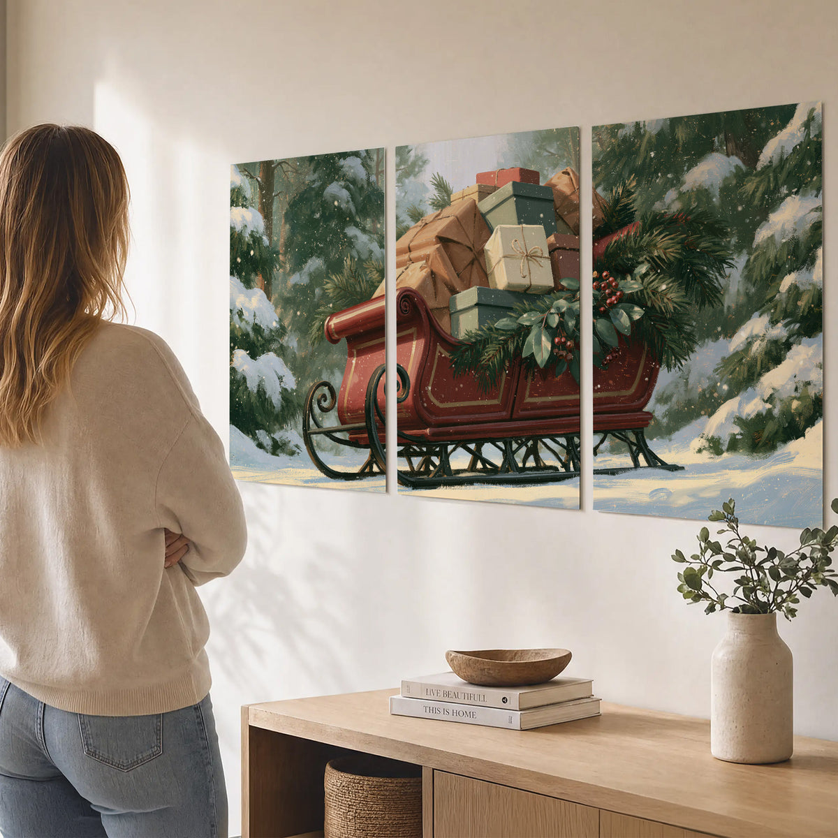 A red sleigh stacked with warm neutral gifts beneath snow-covered evergreen branches set of 3 poster prints three panel arrangement on a wall