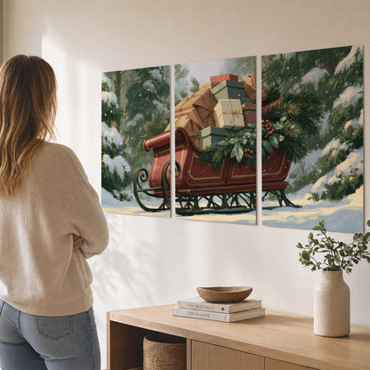 A red sleigh stacked with warm neutral gifts beneath snow-covered evergreen branches set of 3 poster prints three panel arrangement on a wall