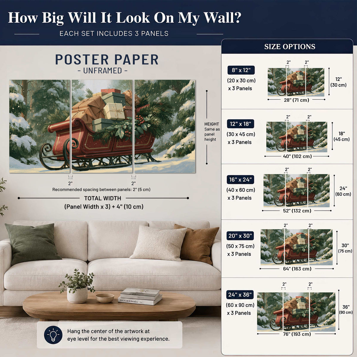 A red sleigh stacked with warm neutral gifts beneath snow-covered evergreen branches set of 3 poster prints size guide above a sofa; room view is illustrative