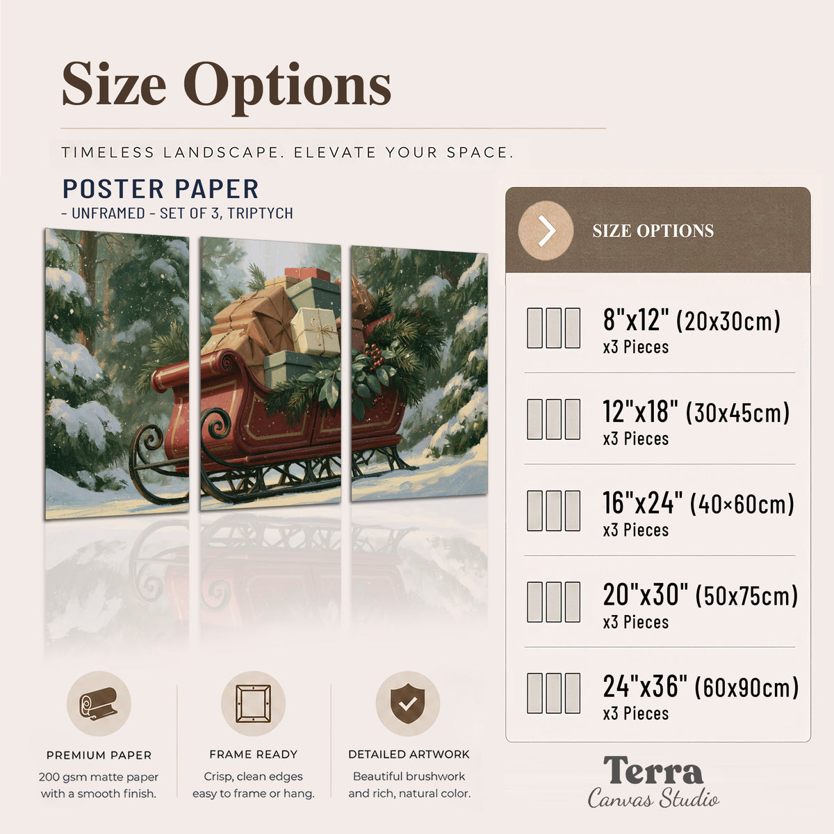A red sleigh stacked with warm neutral gifts beneath snow-covered evergreen branches set of 3 poster prints available dimensions; triptych dimensions are per panel