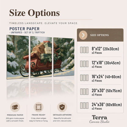 A red sleigh stacked with warm neutral gifts beneath snow-covered evergreen branches set of 3 poster prints available dimensions; triptych dimensions are per panel