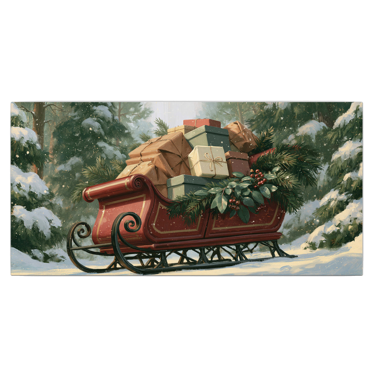 A red sleigh stacked with warm neutral gifts beneath snow-covered evergreen branches single canvas wall art viewed straight on