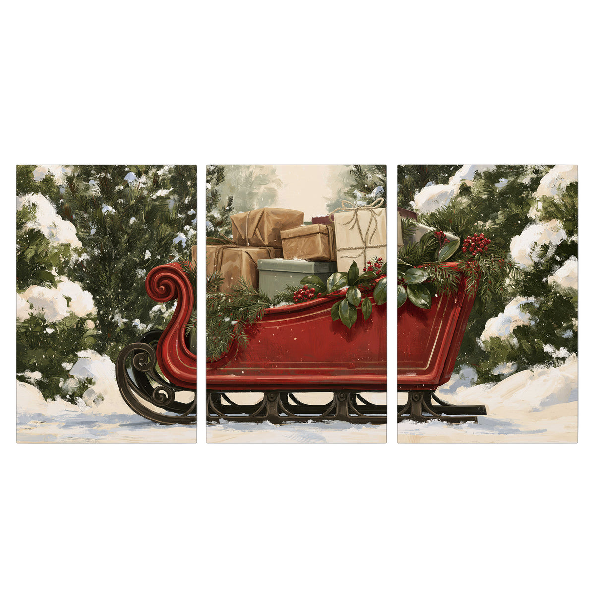 A decorative red holiday sleigh carrying wrapped presents and greenery through a snowy woodland 3 piece canvas wall art viewed straight on