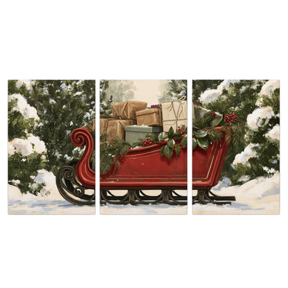 A decorative red holiday sleigh carrying wrapped presents and greenery through a snowy woodland 3 piece canvas wall art viewed straight on