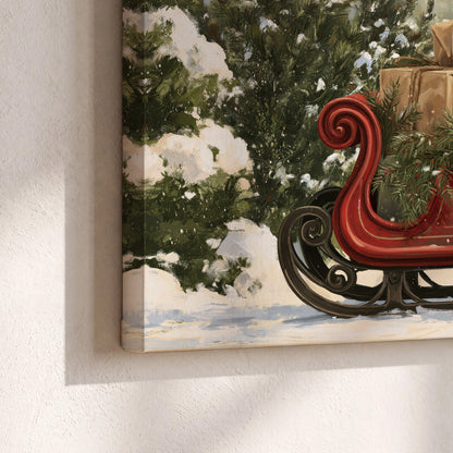 A decorative red holiday sleigh carrying wrapped presents and greenery through a snowy woodland 3 piece canvas wall art material and edge close up