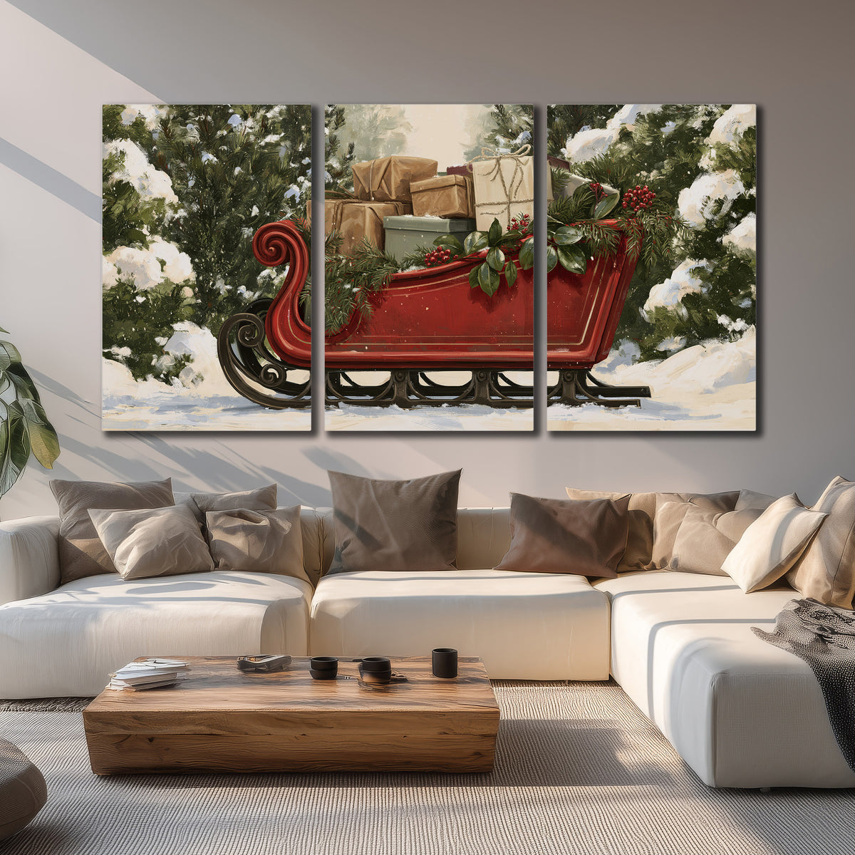 A decorative red holiday sleigh carrying wrapped presents and greenery through a snowy woodland 3 piece canvas wall art displayed in a living room