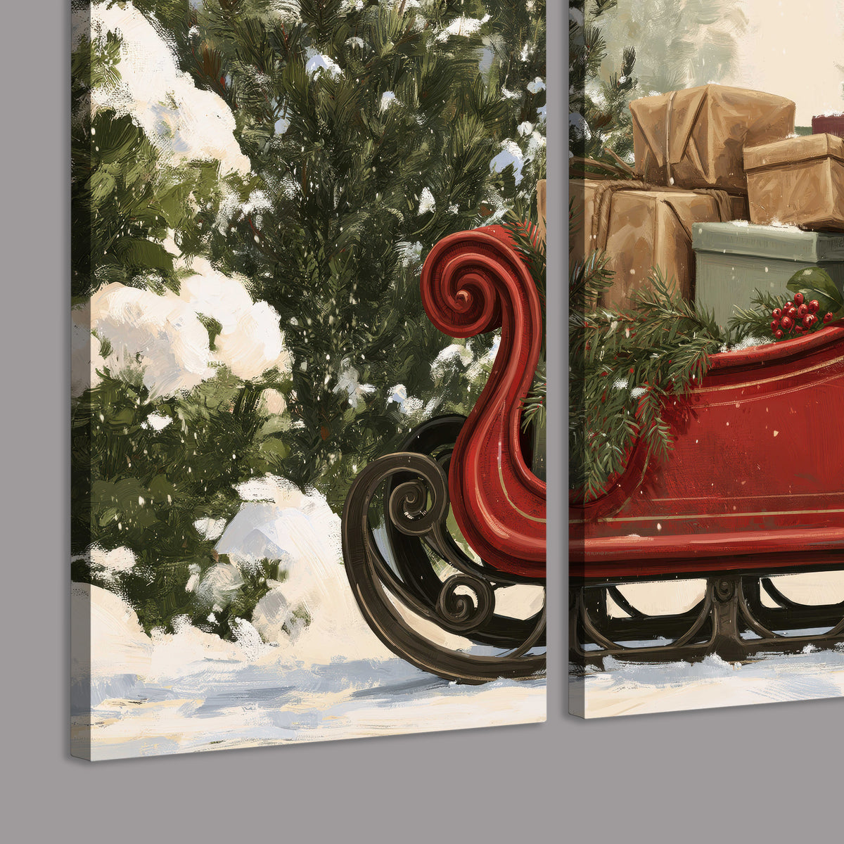 A decorative red holiday sleigh carrying wrapped presents and greenery through a snowy woodland 3 piece canvas wall art room and product view