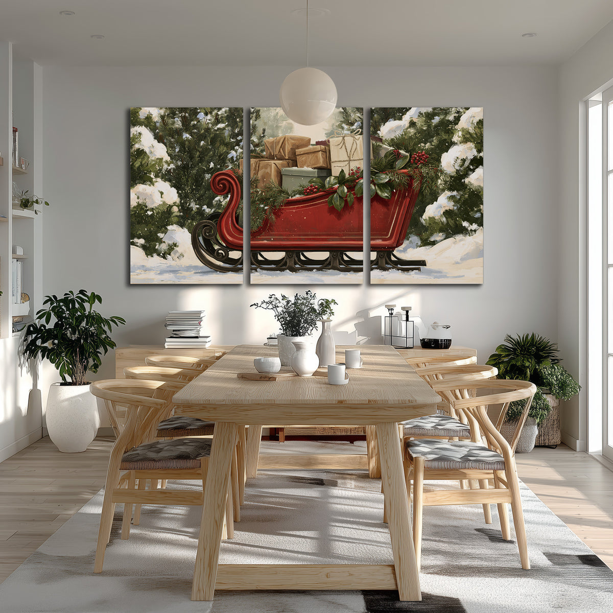 A decorative red holiday sleigh carrying wrapped presents and greenery through a snowy woodland 3 piece canvas wall art room and product view