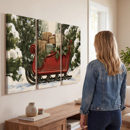A decorative red holiday sleigh carrying wrapped presents and greenery through a snowy woodland 3 piece canvas wall art three panel arrangement on a wall