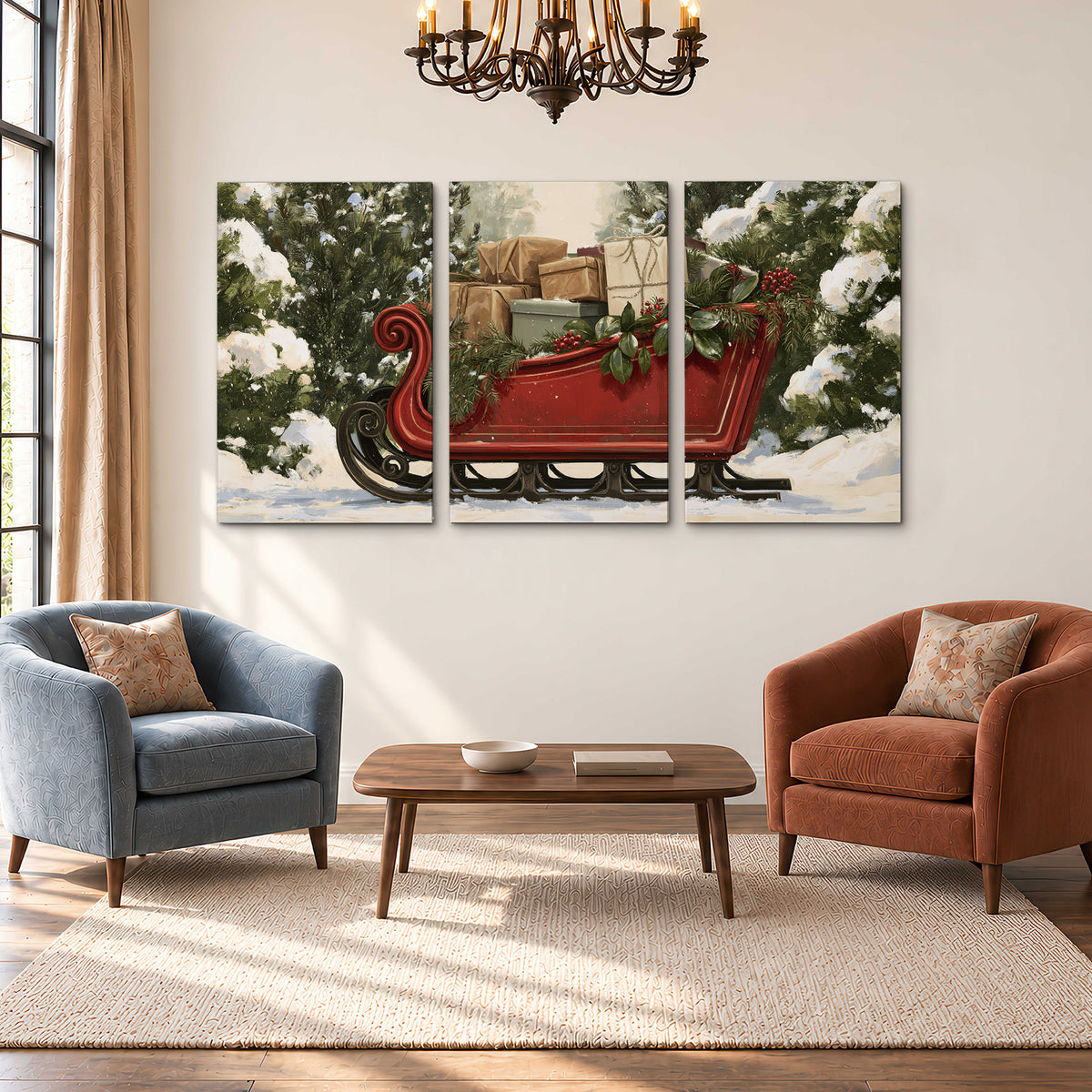 A decorative red holiday sleigh carrying wrapped presents and greenery through a snowy woodland 3 piece canvas wall art styled in an interior