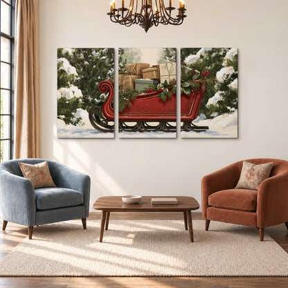 A decorative red holiday sleigh carrying wrapped presents and greenery through a snowy woodland 3 piece canvas wall art styled in an interior
