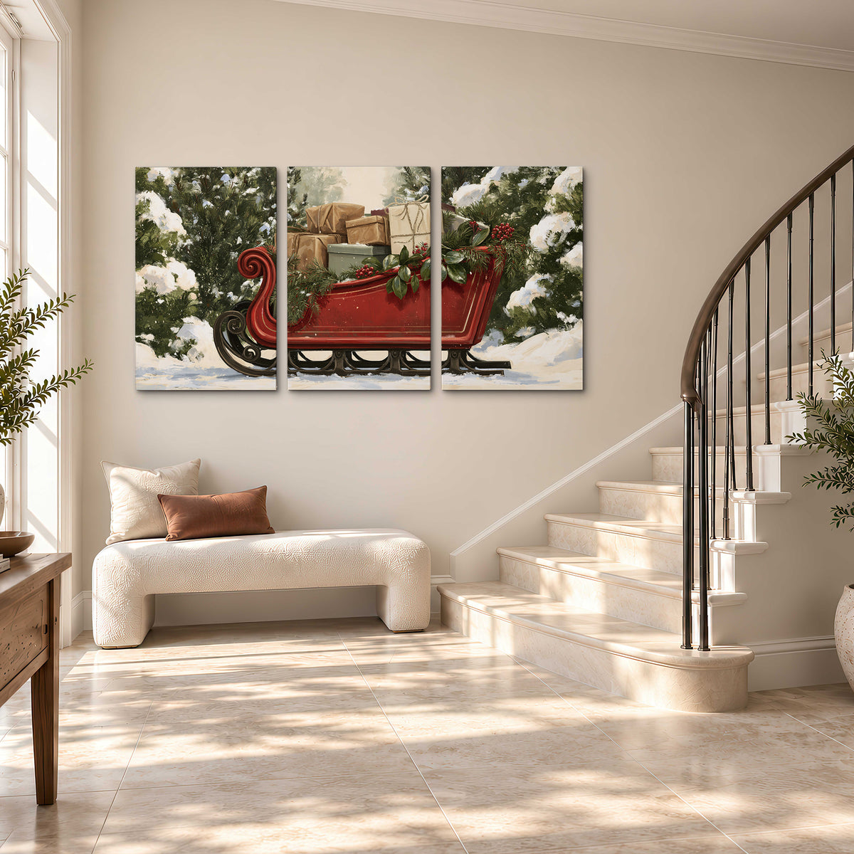 A decorative red holiday sleigh carrying wrapped presents and greenery through a snowy woodland 3 piece canvas wall art styled in an interior