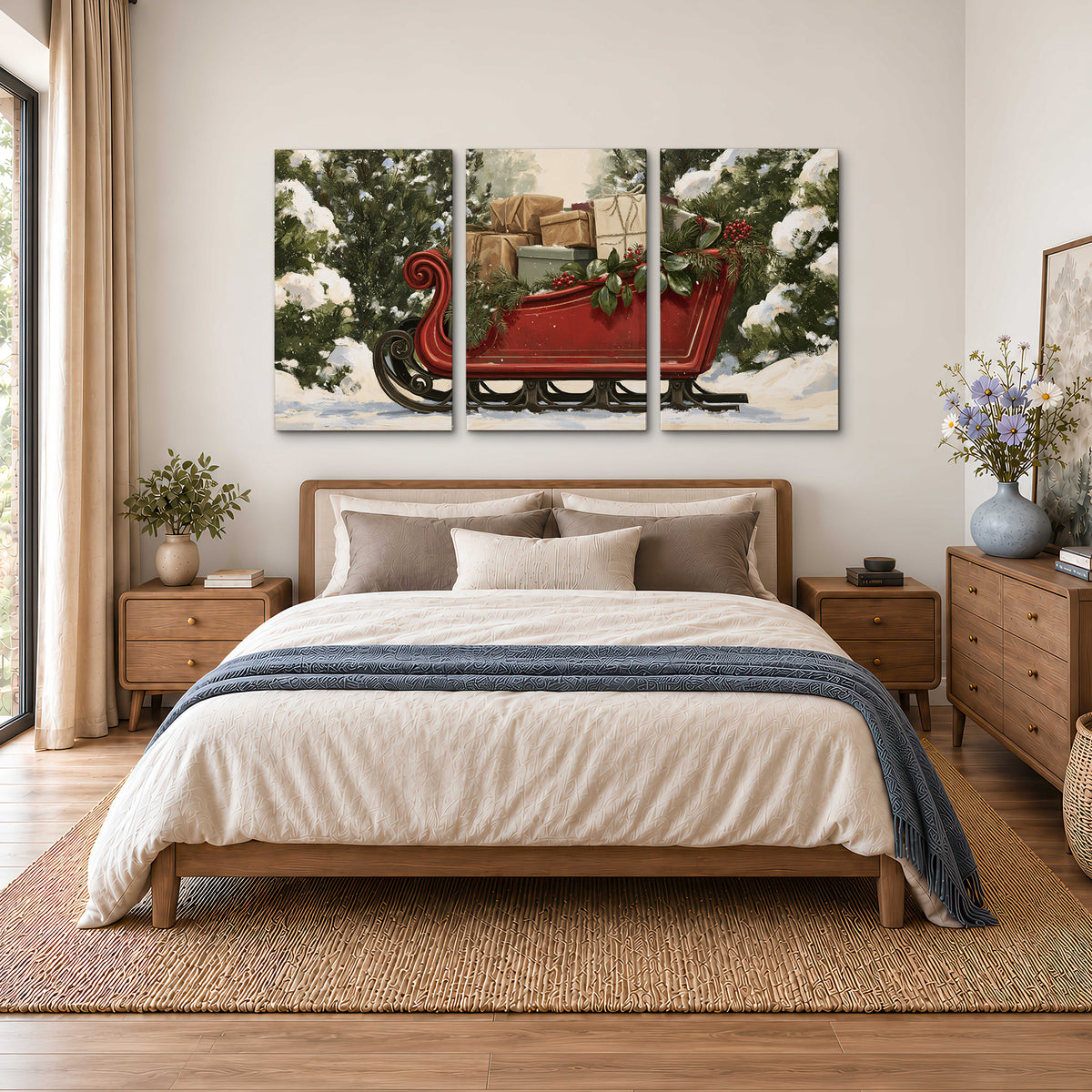 A decorative red holiday sleigh carrying wrapped presents and greenery through a snowy woodland 3 piece canvas wall art styled in an interior