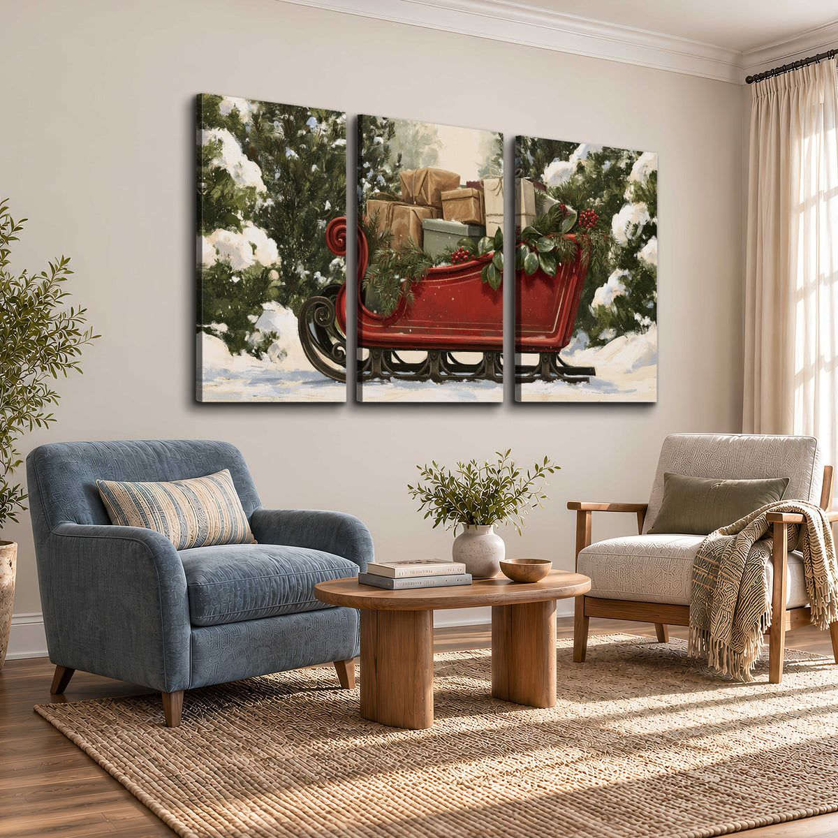 A decorative red holiday sleigh carrying wrapped presents and greenery through a snowy woodland 3 piece canvas wall art styled in an interior