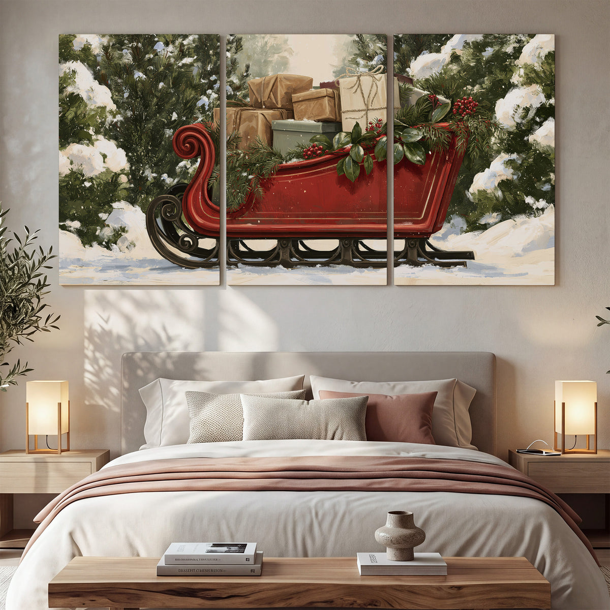 A decorative red holiday sleigh carrying wrapped presents and greenery through a snowy woodland 3 piece canvas wall art displayed in a bedroom