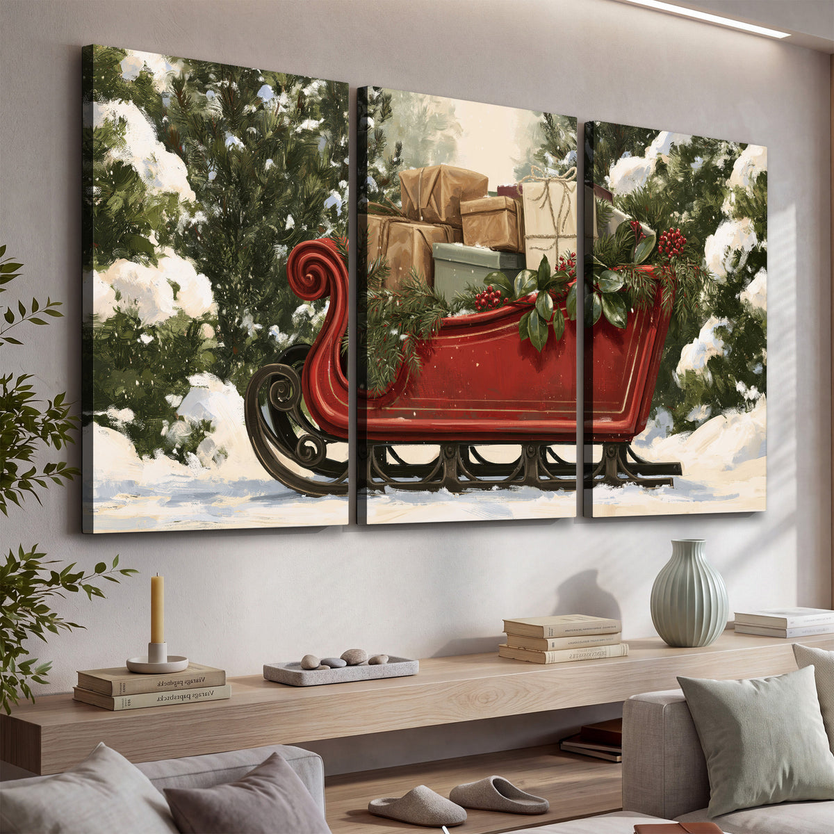 A decorative red holiday sleigh carrying wrapped presents and greenery through a snowy woodland 3 piece canvas wall art displayed in a console
