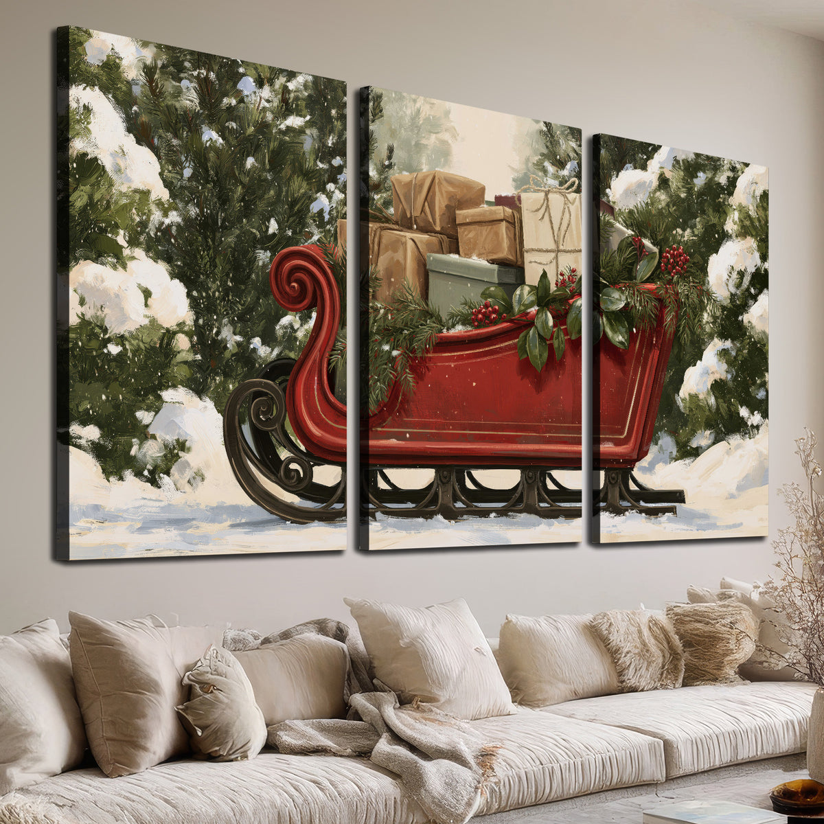 A decorative red holiday sleigh carrying wrapped presents and greenery through a snowy woodland 3 piece canvas wall art room and product view