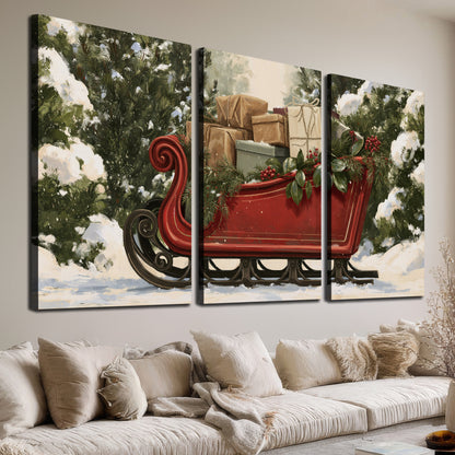 A decorative red holiday sleigh carrying wrapped presents and greenery through a snowy woodland 3 piece canvas wall art room and product view