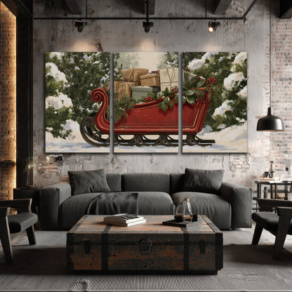 A decorative red holiday sleigh carrying wrapped presents and greenery through a snowy woodland 3 piece canvas wall art displayed in a industrial room