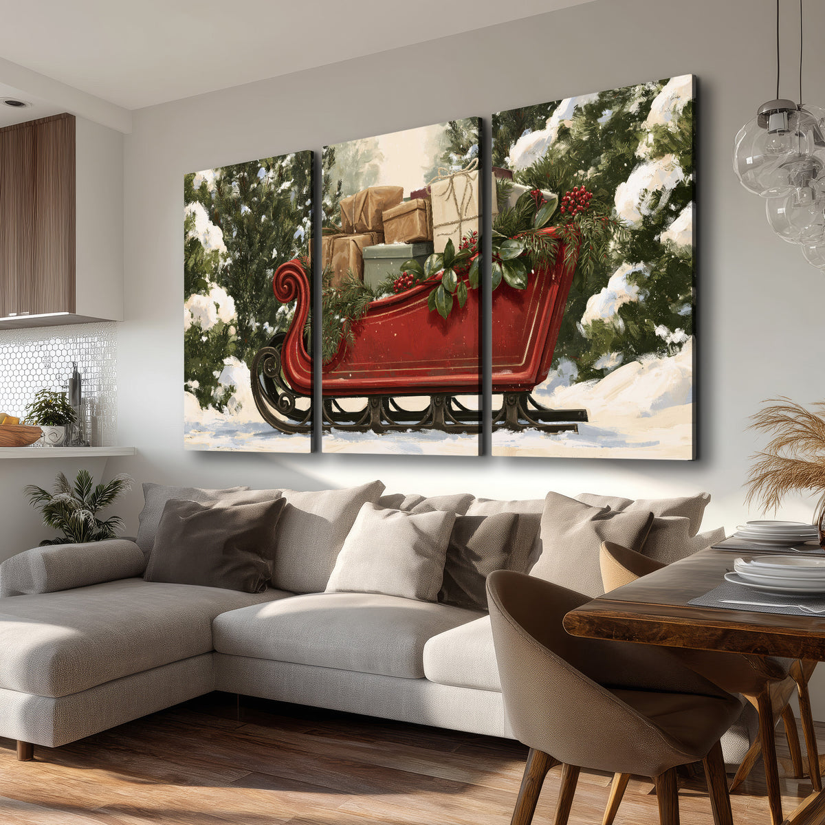 A decorative red holiday sleigh carrying wrapped presents and greenery through a snowy woodland 3 piece canvas wall art room and product view